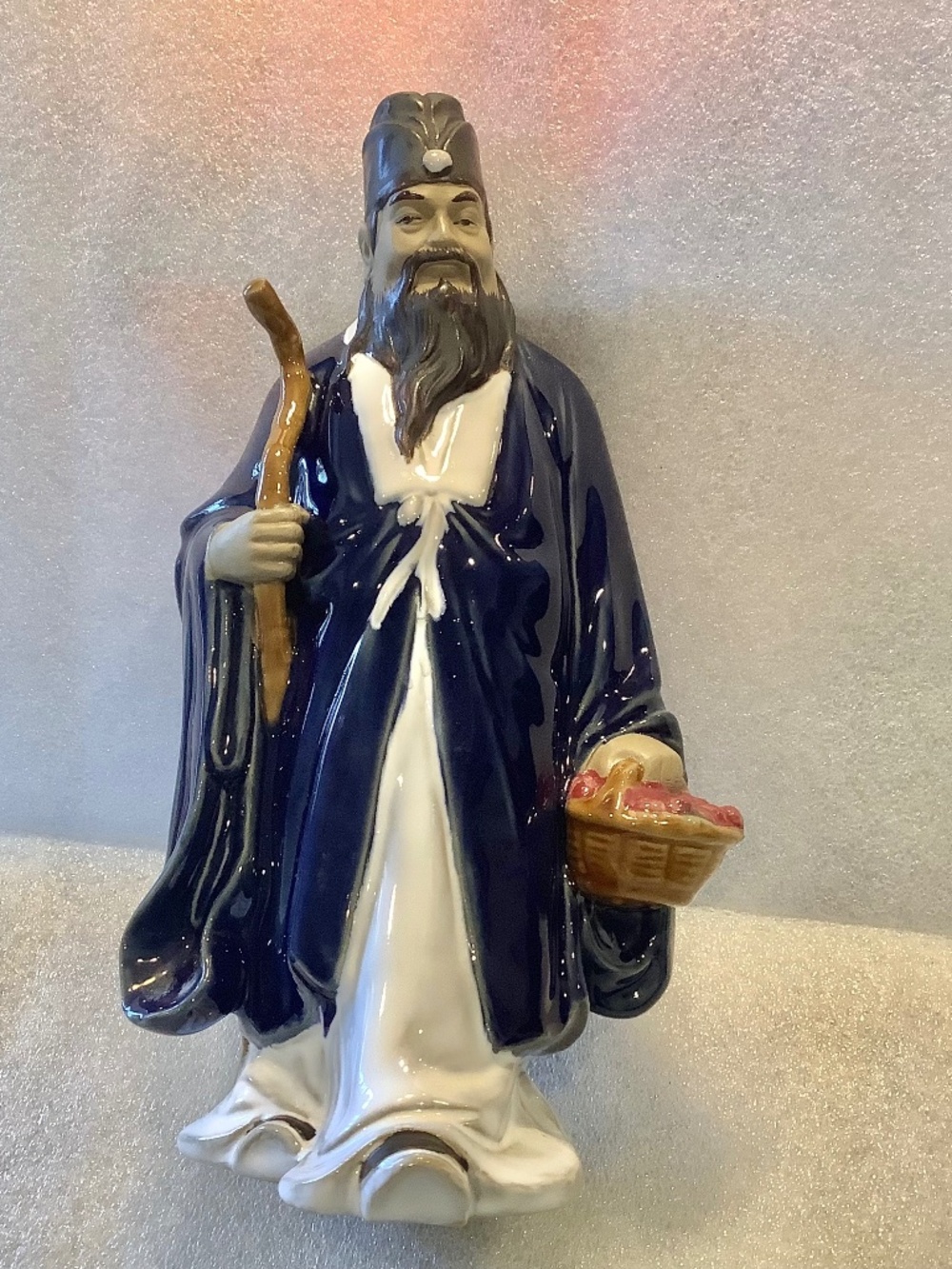Vintage Wanjiang China Mud Pottery Man With Walking Stick Figurine Statue 10”